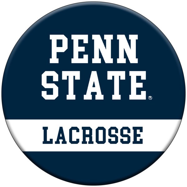 round navy and white button with Penn State Lacrosse